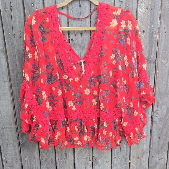Free People Red Floral Lace Blouse - Picture 1 of 3